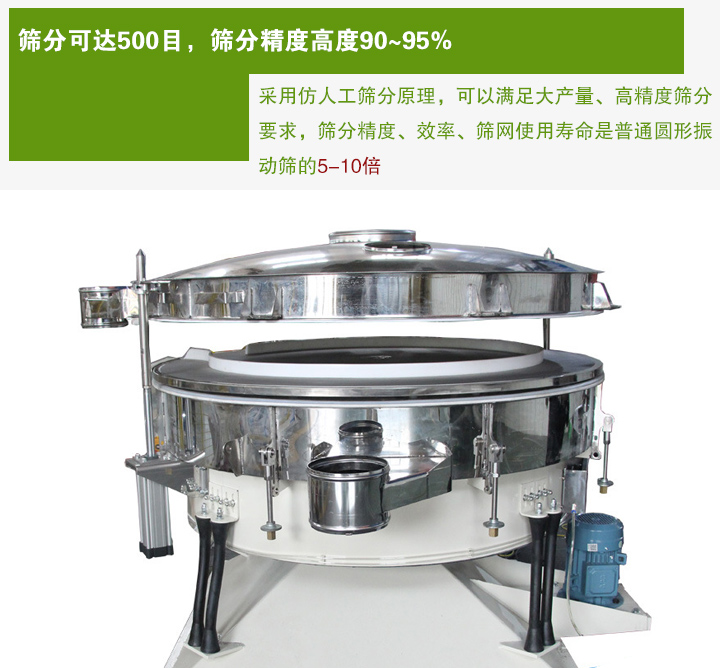 搖擺篩分機(jī)采用仿人工篩分原理，可以滿足大產(chǎn)量、高精度篩分 要求，篩分精度、效率、篩網(wǎng)使用壽命是普通圓形振 動(dòng)篩的5-10倍